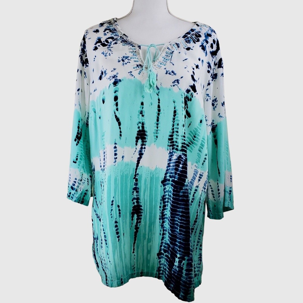 Dress Barn Women’s BOHO Blue Aqua White Tie Dye Shirt Tunic Tassels, Size 1X